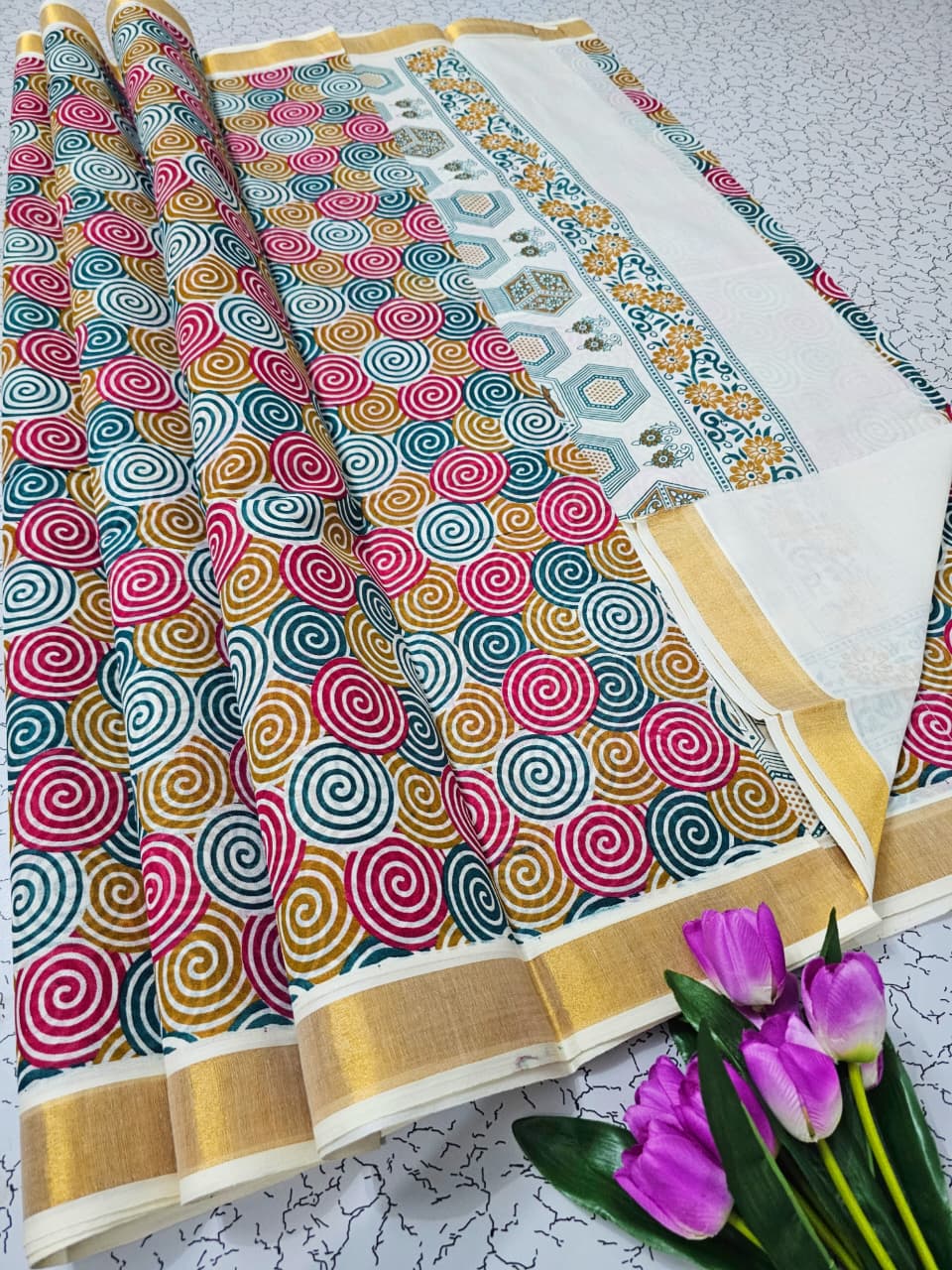 Traditional Kerala Kasavu Saree with Multicolor Spiral Print | Premium Cotton Kasavu Saree