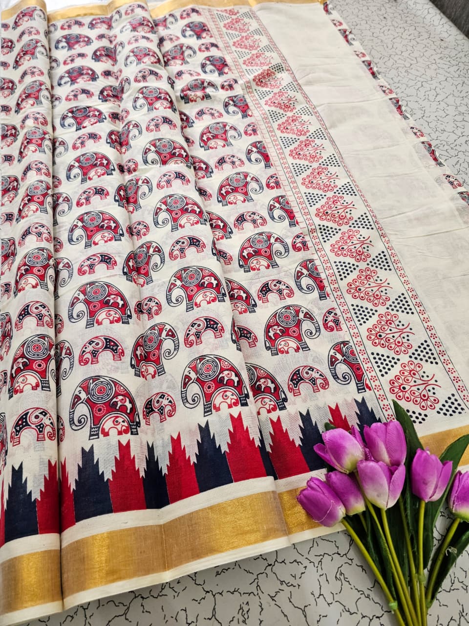 Traditional Kerala Kasavu Saree with Elephant Print | Premium Cotton Kasavu Saree