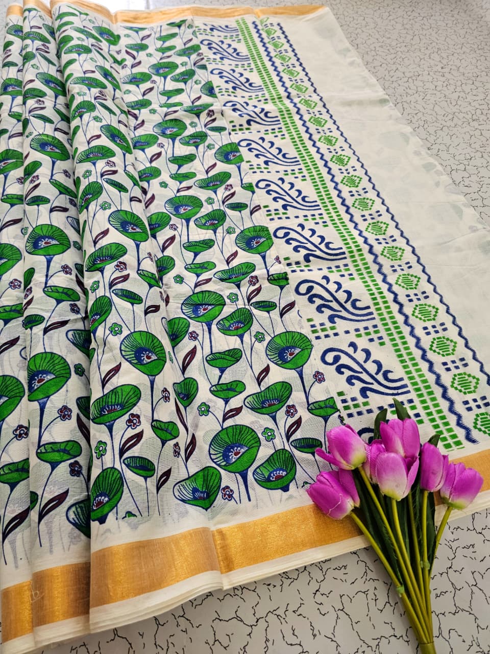 Green Lotus Print Kasavu Saree | Traditional Kerala Cotton Saree with Golden Border