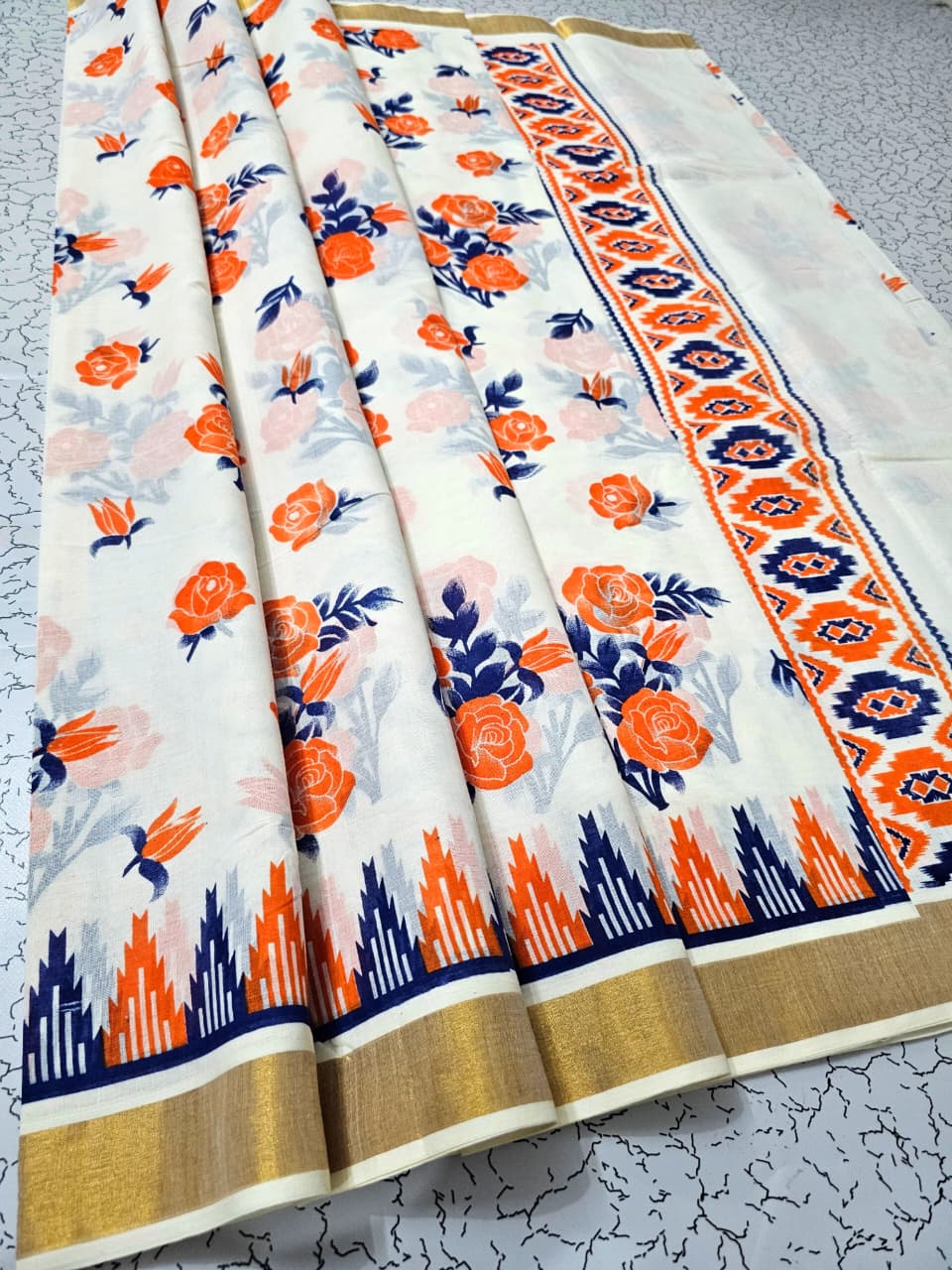Orange Floral Print Kasavu Saree | Traditional Kerala Cotton Saree with Golden Border
