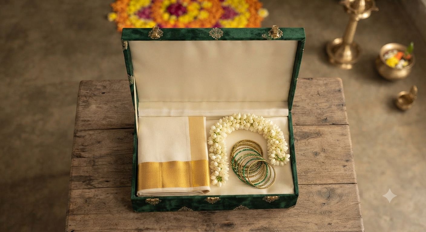 Kerala Onam Gifting Hamper with Kerala Kasavu Saree, Kuppivala and Mullapoo | Customizable Gift Hamper