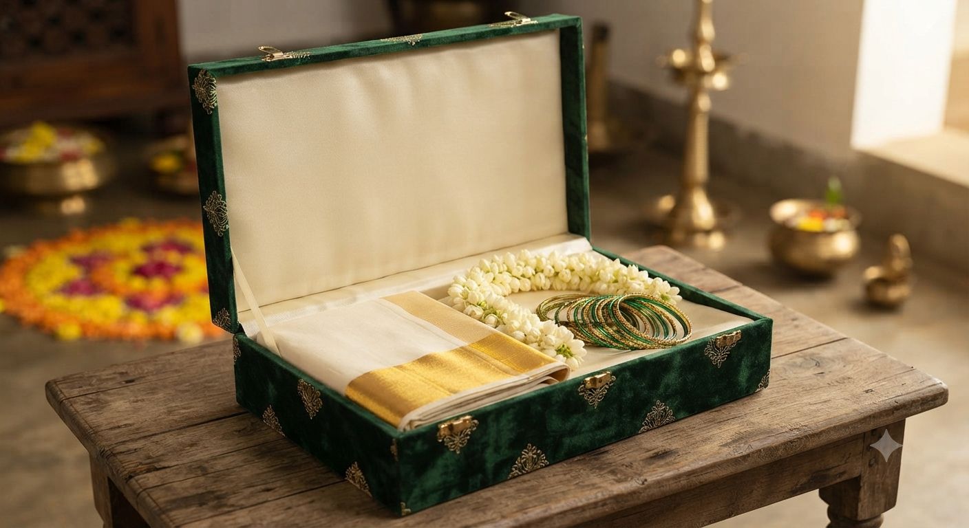 Kerala Onam Gifting Hamper with Kerala Kasavu Saree, Kuppivala and Mullapoo | Customizable Gift Hamper