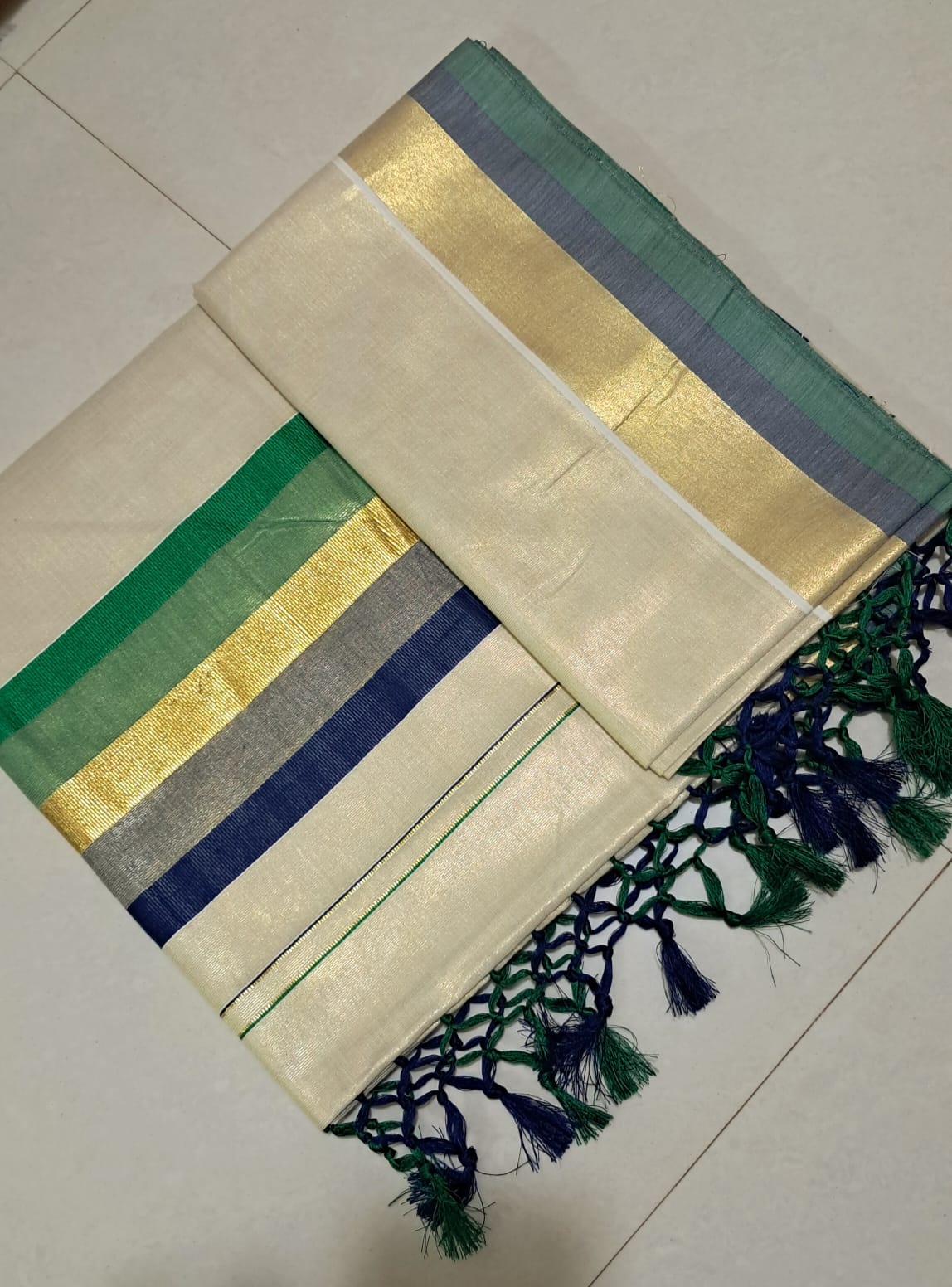 Premium Pure Cotton Kasavu Saree with Green & Blue Border | Traditional Kerala Saree for Women