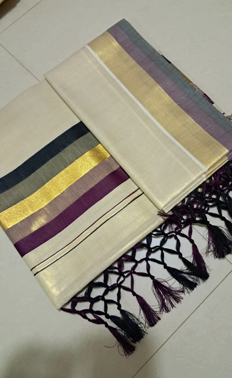 Premium Pure Cotton Kasavu Saree with Purple & Grey Border | Traditional Kerala Saree for Women
