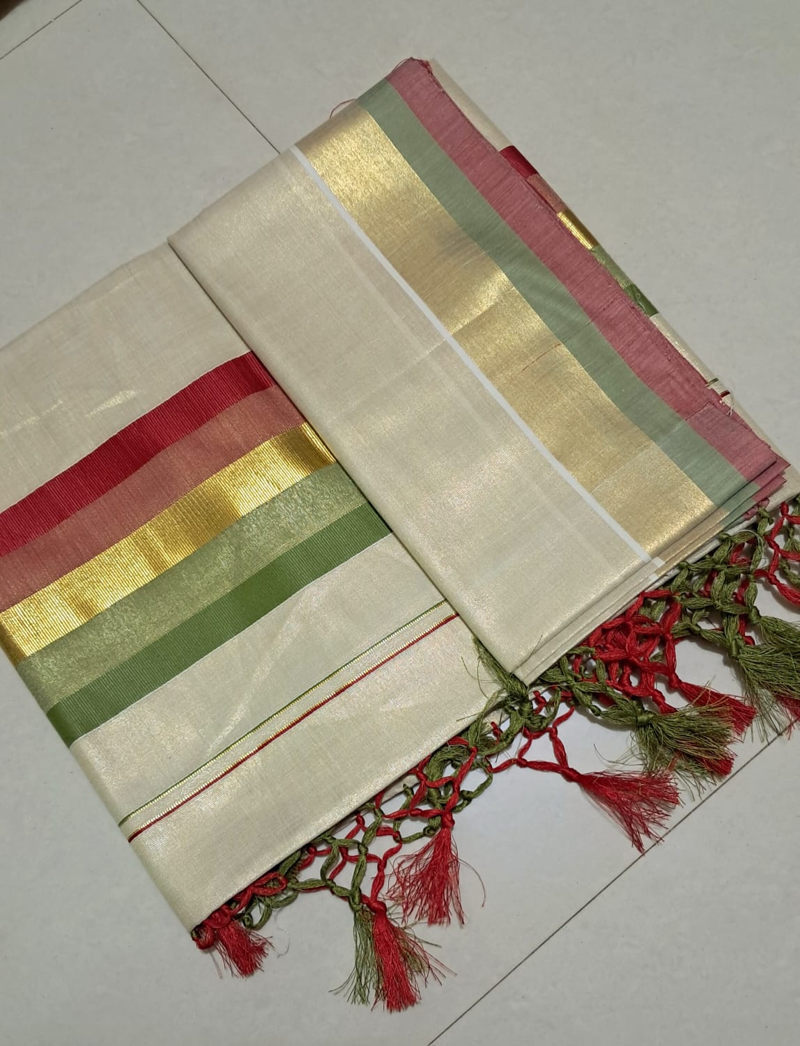 Premium Pure Cotton Kasavu Saree with Pink & Green Border | Traditional Kerala Saree for Women