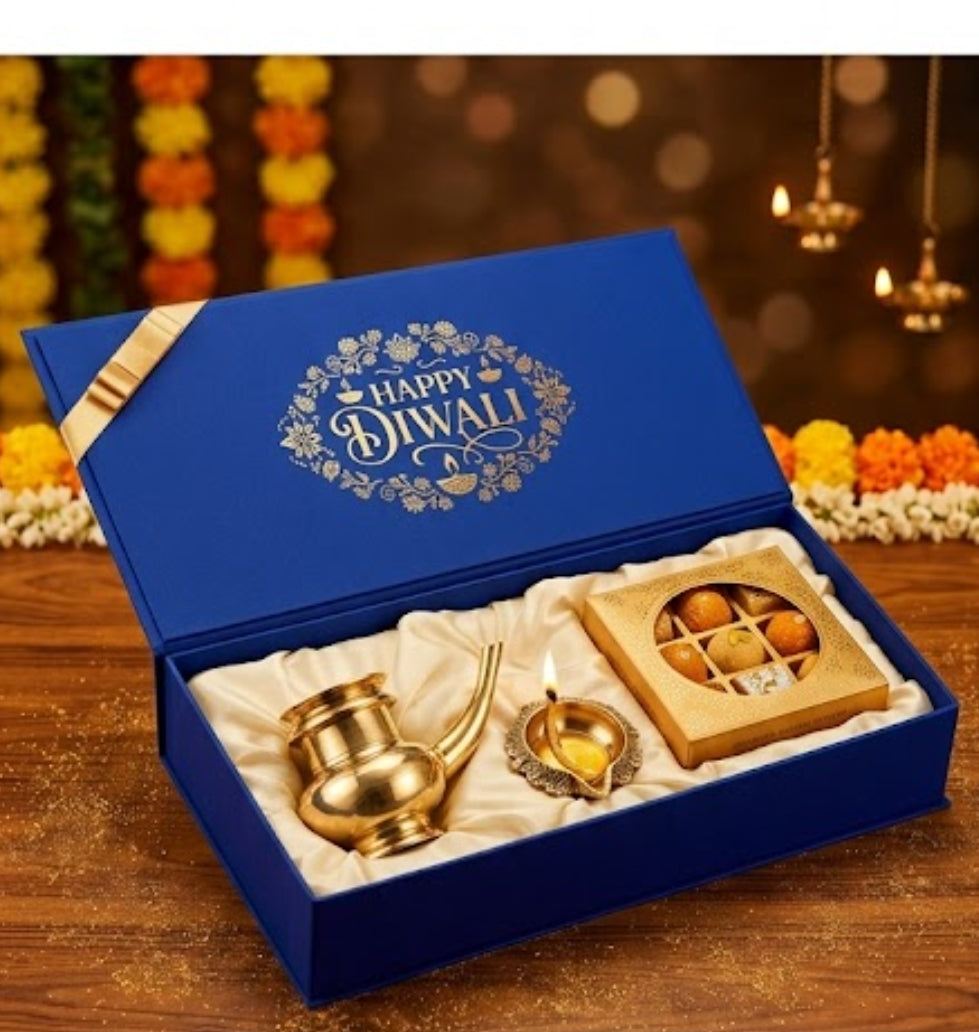 Premium Diwali Gift Hamper with Brass Kindi, Diya & Sweets