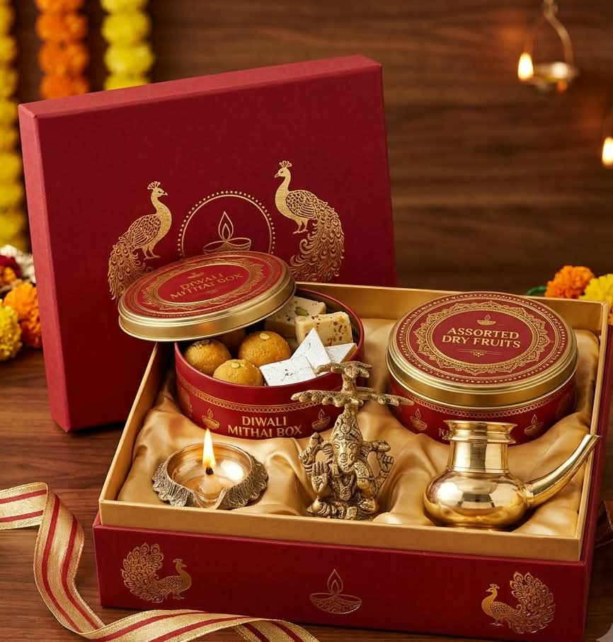 Premium Diwali Gift Hamper with Brass Kindi, Ganesh Idol, Diya, Sweets & Dry Fruits