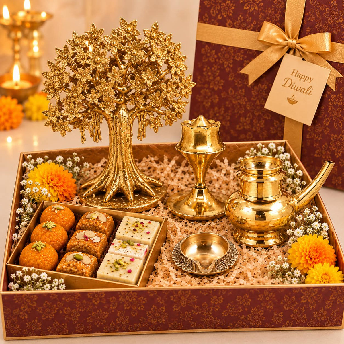 Premium Diwali Gift Hamper with Brass Tree, Kindi, Diya & Sweets