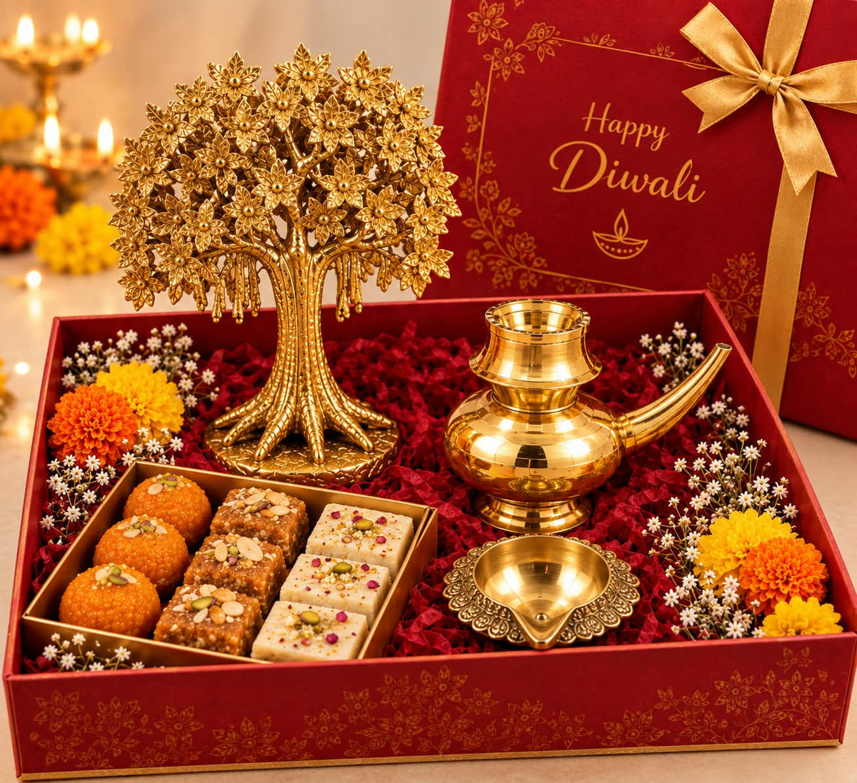 Premium Diwali Gift Hamper with Brass Tree, Kindi, Diya & Sweets