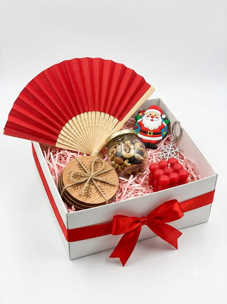 Christmas Gift Hamper with Wooden Coasters, Mixed Nuts & Festive Decor