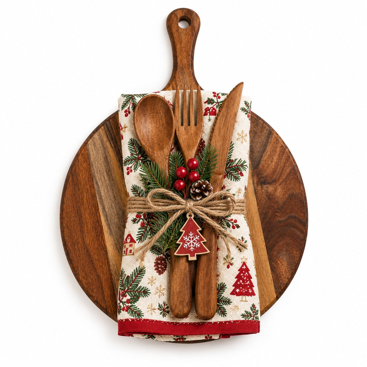 Christmas Wooden Chopping Board Gift Set with Wooden Cutlery & Festive Towel