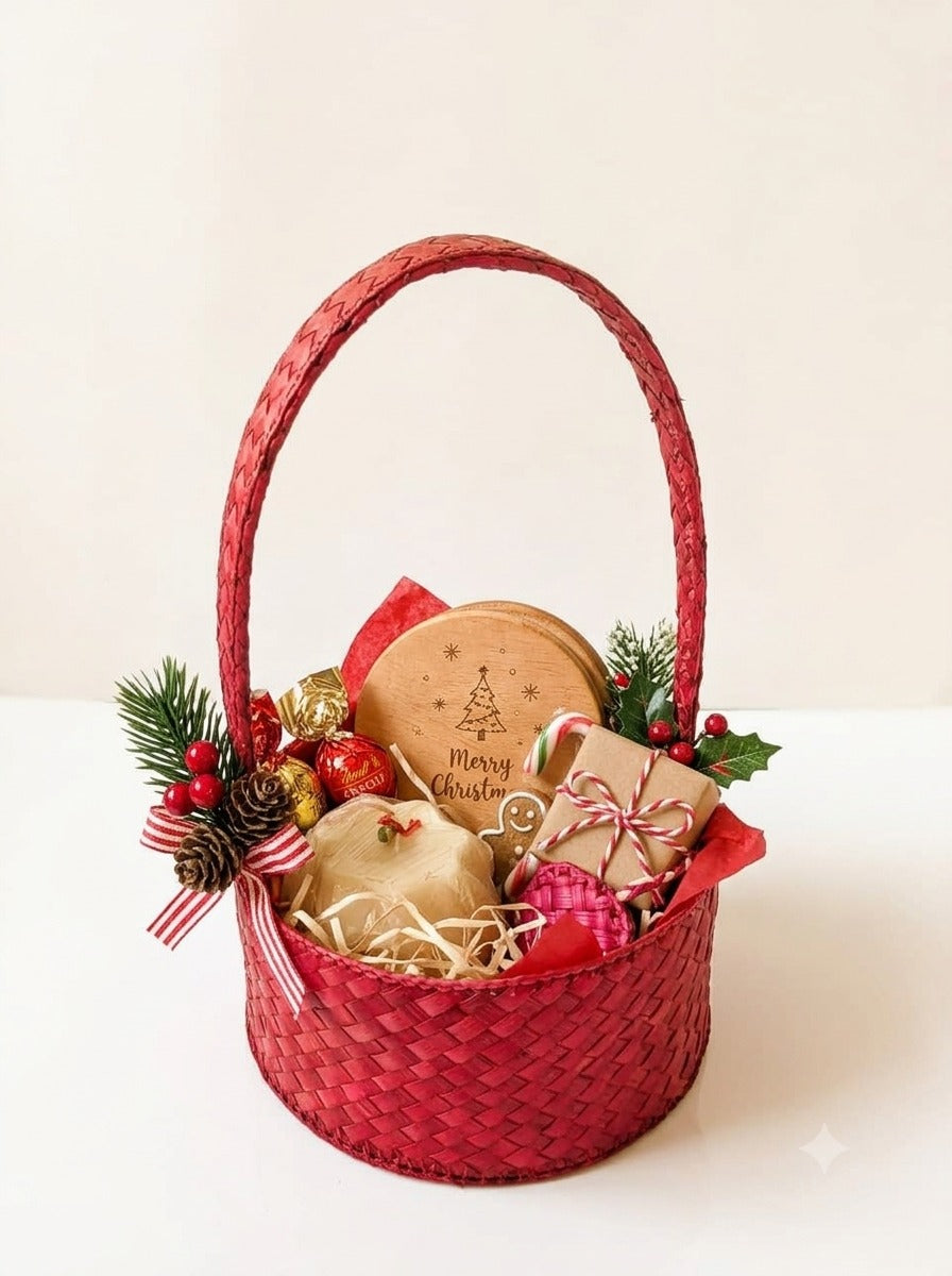Christmas Gift Hamper with Screwpine Basket, Soy Wax Candle & Wooden Coasters