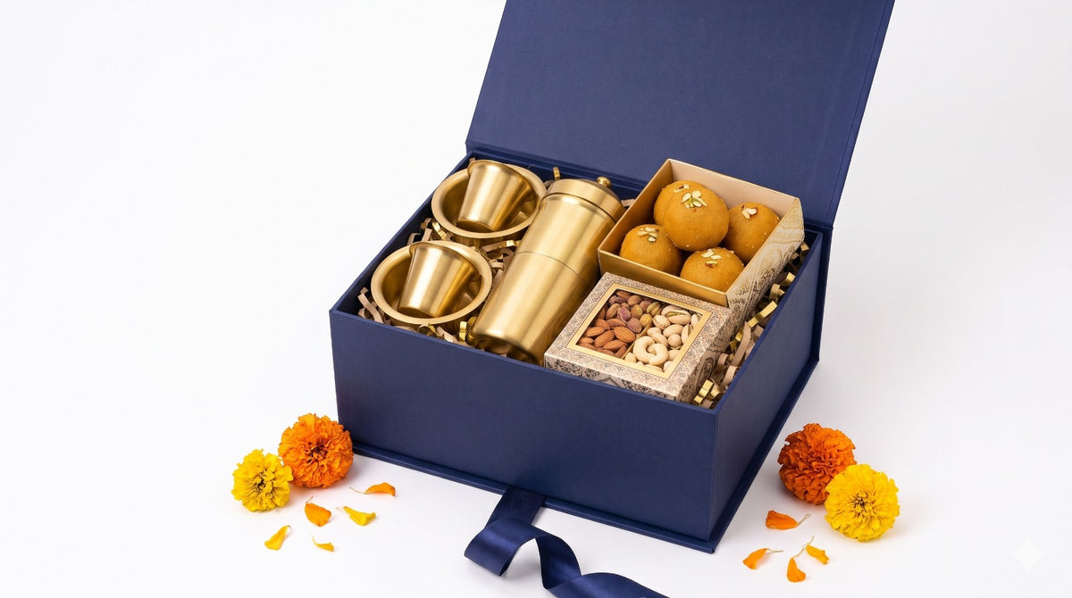 Premium Brass Coffee Filter Gift Hamper with Dabara Set, Laddoos & Nuts