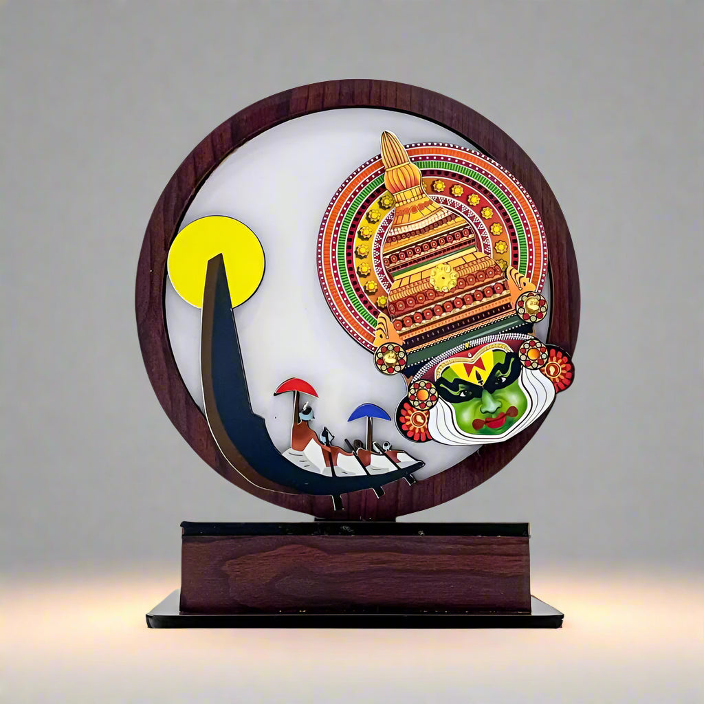 Round Wooden Kerala Art – Kathakali Face with Houseboat and Sunset Scene