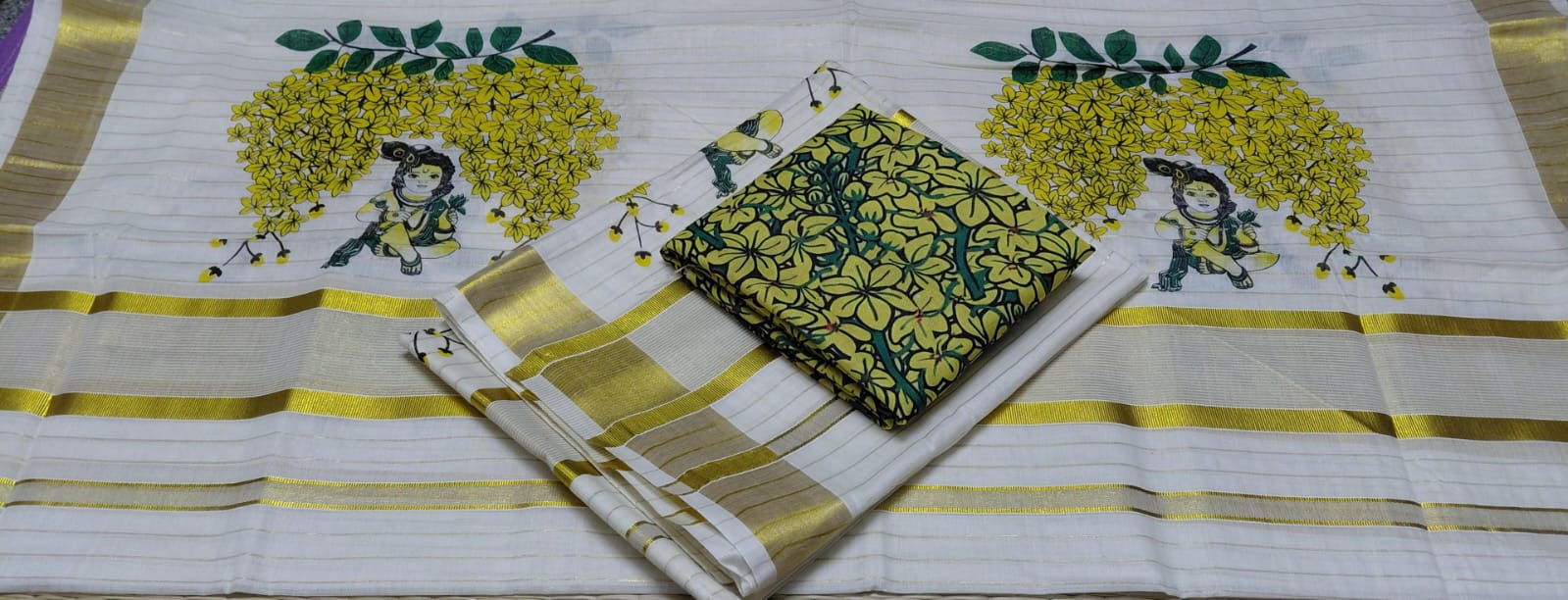 Hand-Painted Unni Kannan Kasavu Saree & Printed Blouse Set
