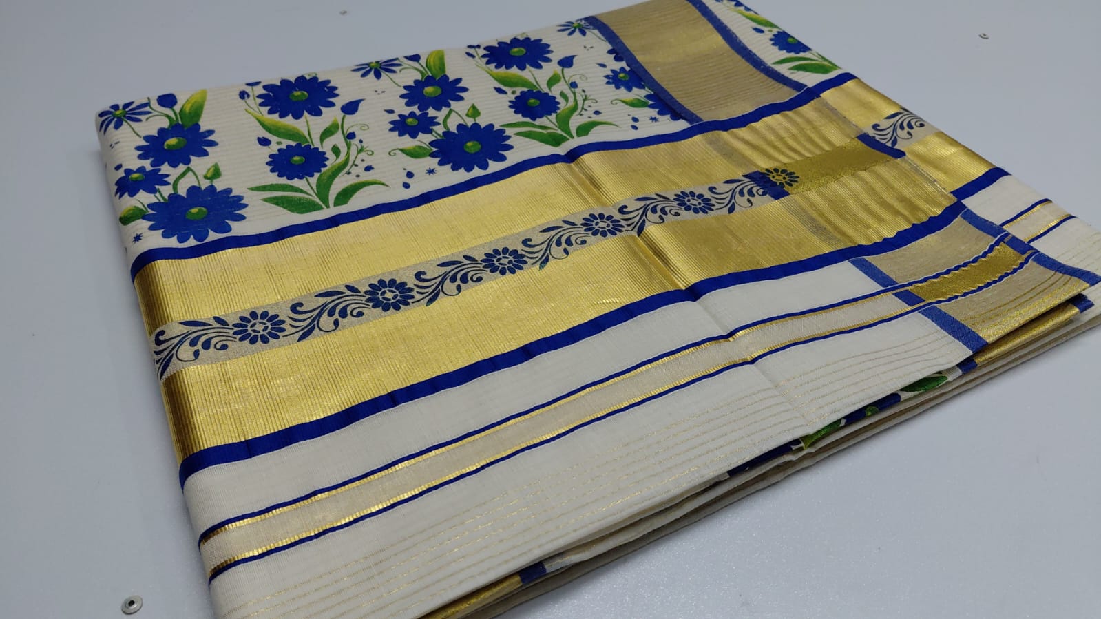 Balaramapuram Kasavu Saree with Blue Floral Hand-Painted Design