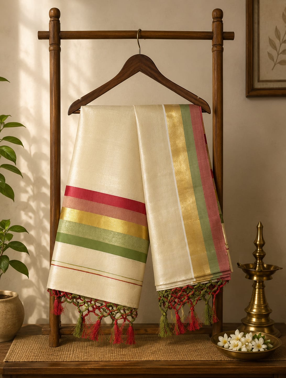 Premium Pure Cotton Kasavu Saree with Pink & Green Border | Traditional Kerala Saree for Women
