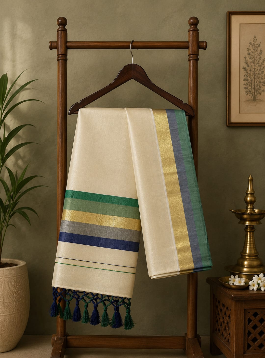 Premium Pure Cotton Kasavu Saree with Green & Blue Border | Traditional Kerala Saree for Women
