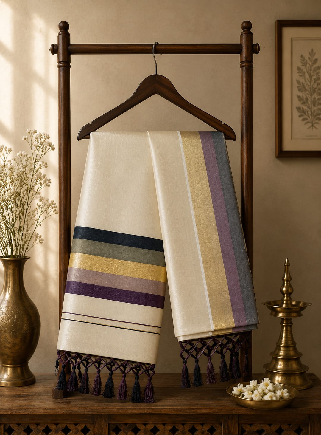 Premium Pure Cotton Kasavu Saree with Purple & Grey Border | Traditional Kerala Saree for Women