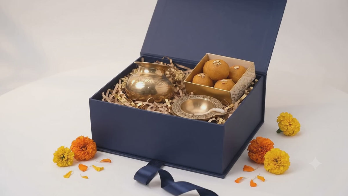 Brass Diya & Brass Kindi Diwali Gift Hamper with Traditional Laddoos