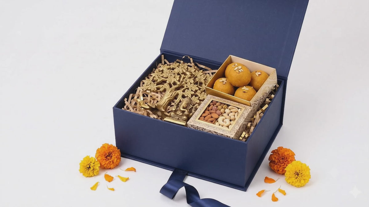 Luxury Diwali Gift Hamper with Pure Brass Lord Ganesha, Kalpvriksh, Ladoos & Dry Fruits