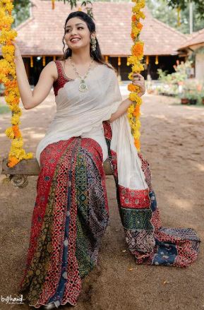 Off White Scallop Saree with Ajrakh Multi Patch